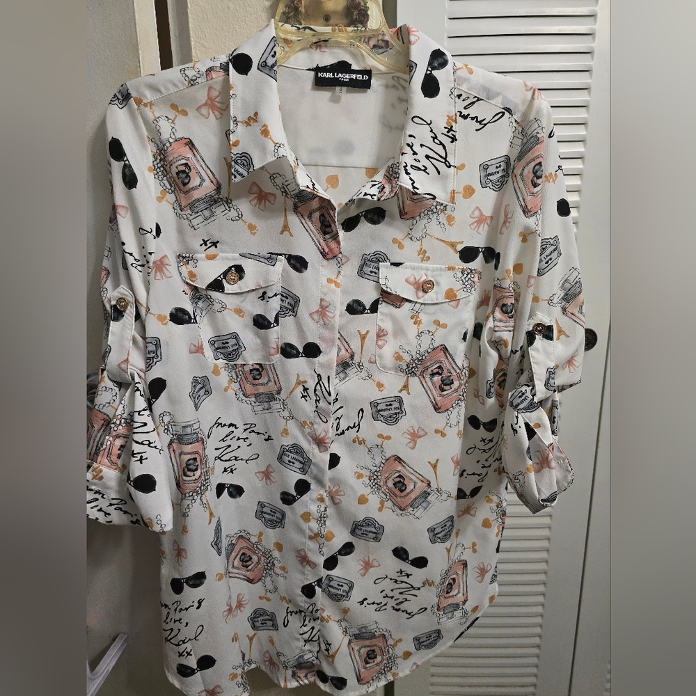 Karl Lagerfeld White and Black Graphic Button Down Shirt